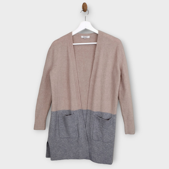 Madewell Cardigan Women XXS Beige Gray Kent Open Colorblock Wool Alpaca Pockets - Picture 1 of 5